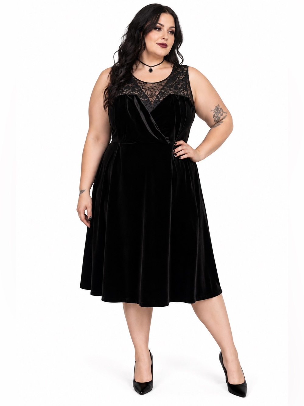 Black Velvet Lace Midi Dress Size 2X Gothic Evening Michel Studio Collection